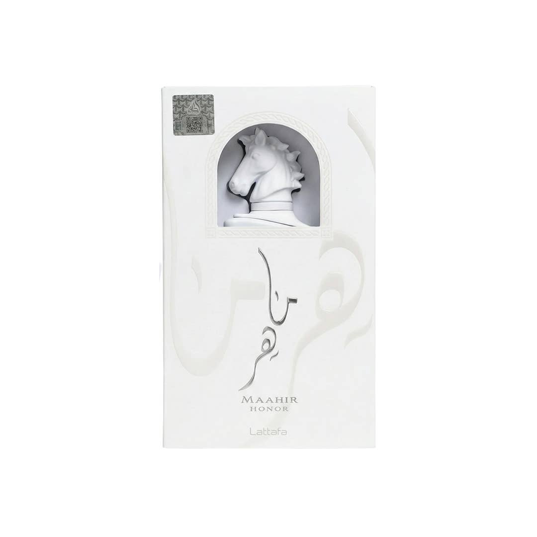 Lattafa Maahir Honor Eau de Parfum Flasche mit eleganter Verpackung, Duftbeschreibung und stilvollem Design, sichtbar auf dem Bild.