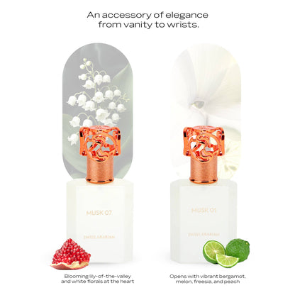 SWISS ARABIAN Musk 07 Eau de Parfum Flasche mit elegantem Design, sichtbarem Verschluss und floral-holzigen Duftnoten.