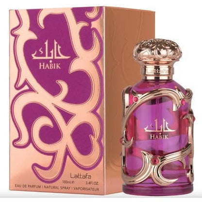 Lattafa Habik Damen Eau de Parfum Flasche mit floralem und fruchtigem Design, elegantes Parfüm für Frauen