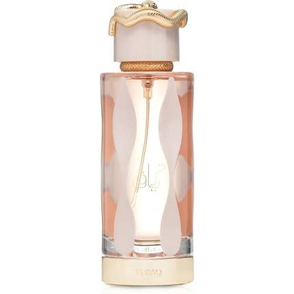 Lattafa Teriaq Eau de Parfum Flasche, elegantes Parfüm-Design, goldene Akzente, für Damen und Herren sichtbar.