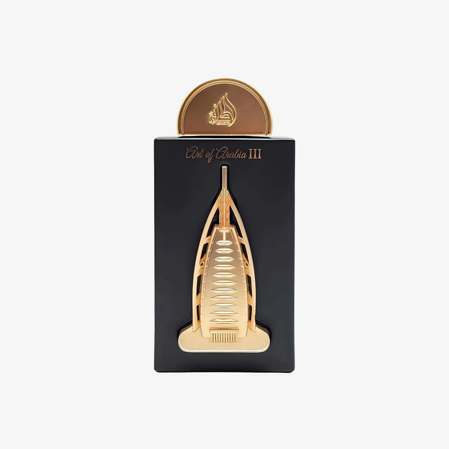 Dunkle Flasche Lattafa Pride Art of Arabia III Parfüm mit goldener Kappe und arabischem Muster