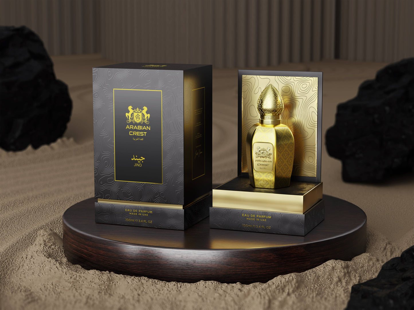 Arabian Crest Dubai Jind Eau de Parfum Flasche mit goldener Verpackung und arabischen Mustern, elegantes Parfüm für Damen