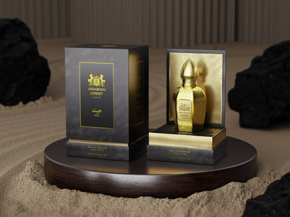 Arabian Crest Dubai Jind Eau de Parfum Flasche mit goldener Verpackung und arabischen Mustern, elegantes Parfüm für Damen