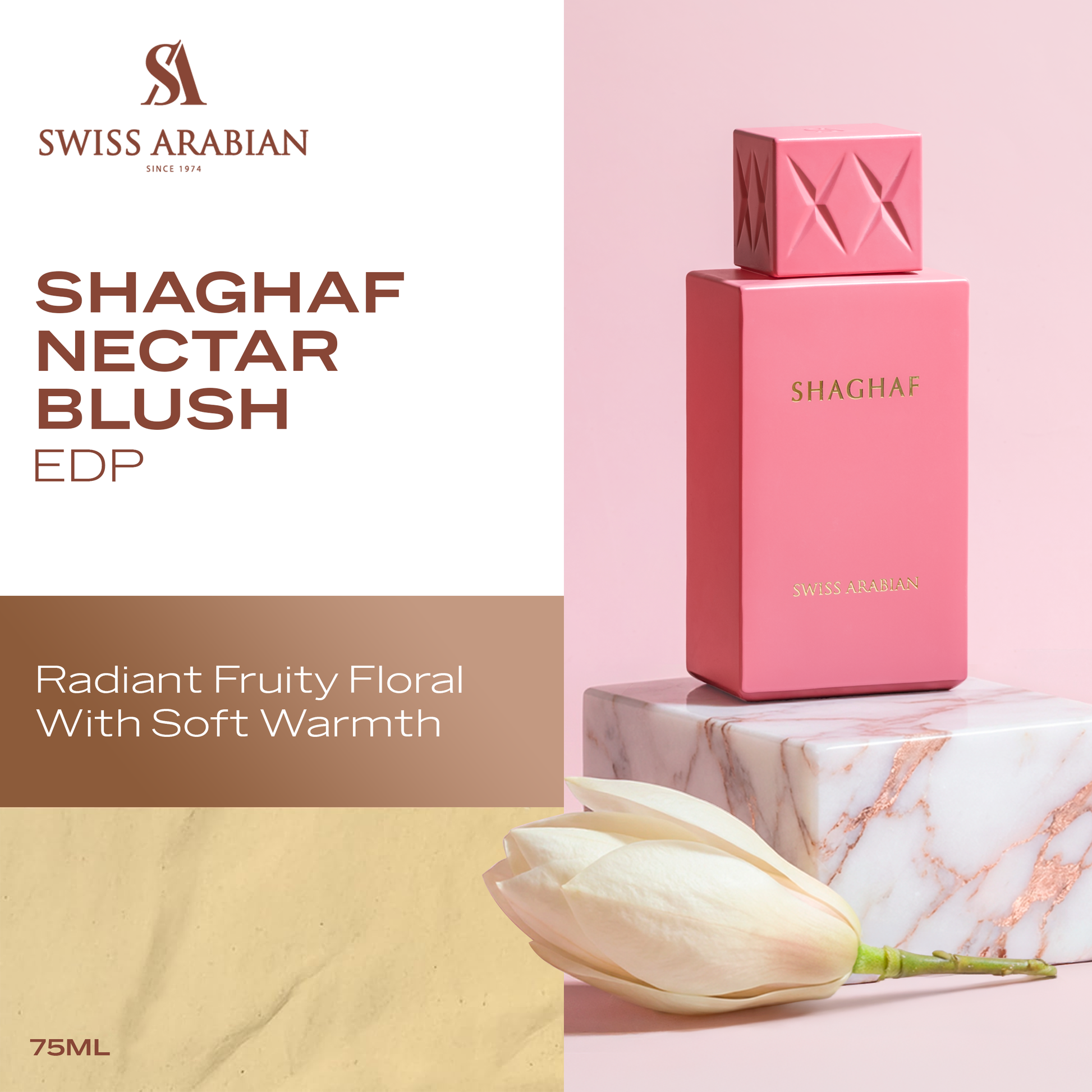 SWISS ARABIAN Nectar Blush Eau de Parfum Flasche mit blassen rosa und goldfarbenen Akzenten, elegantes Parfum-Design.