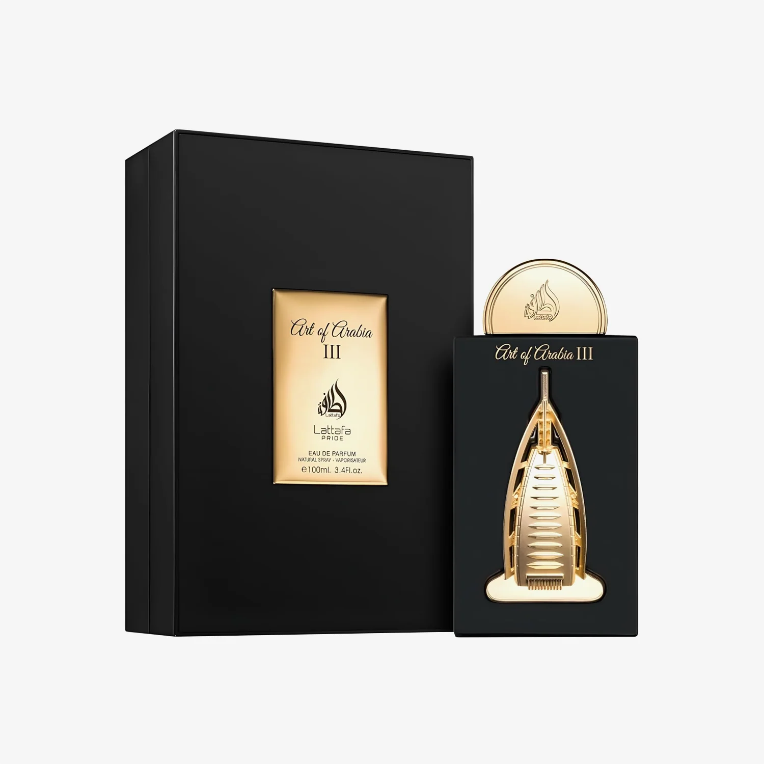 Lattafa Pride Art of Arabia III Parfümflasche mit goldener Kappe und eleganter Gestaltung, 50ml Duft für Damen und Herren