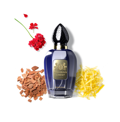 Arabian Crest Dubai Ranjha Eau de Parfum Flasche mit eleganter Gestaltung und arabischen Designelementen, sichtbare Verpackung.