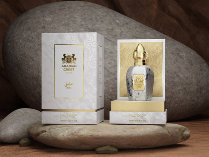 Arabian Crest Dubai Ishq Eau de Parfum Flasche mit floralem Duft und eleganter Verpackung, sichtbares Parfum-Design.