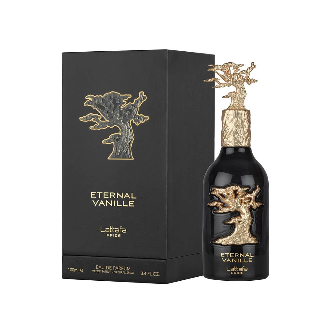 Lattafa Pride Eternal Vanilla Eau de Parfum Flasche mit Vanille-Duft, elegant gestaltet, auf einem neutralen Hintergrund.