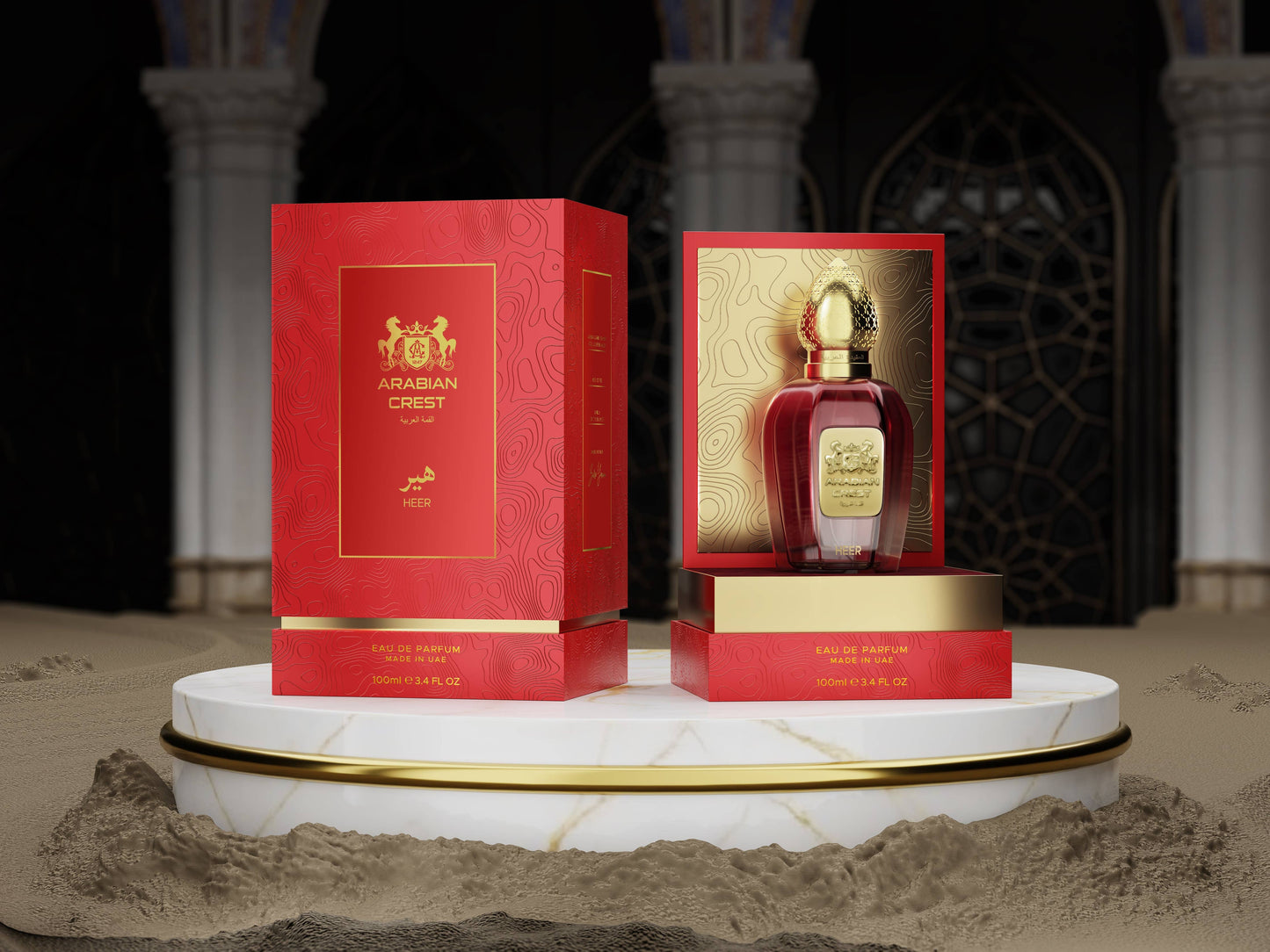 Arabian Crest Dubai Heer Eau de Parfum Flasche mit eleganter Gestaltung, sichtbar in der Produktabbildung.
