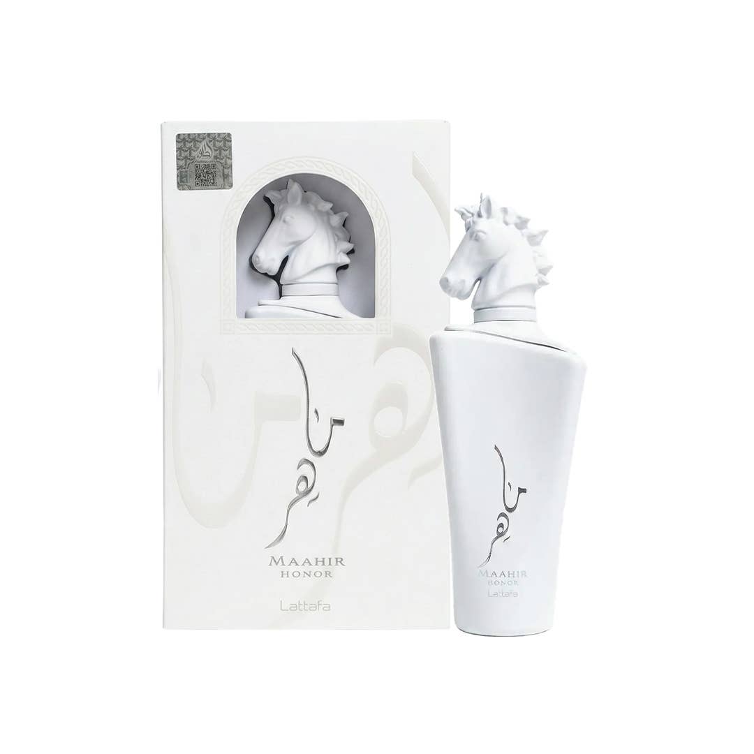 Lattafa Maahir Honor Eau de Parfum Flakon mit goldener Verpackung, elegante Duftflasche für Damen und Herren.