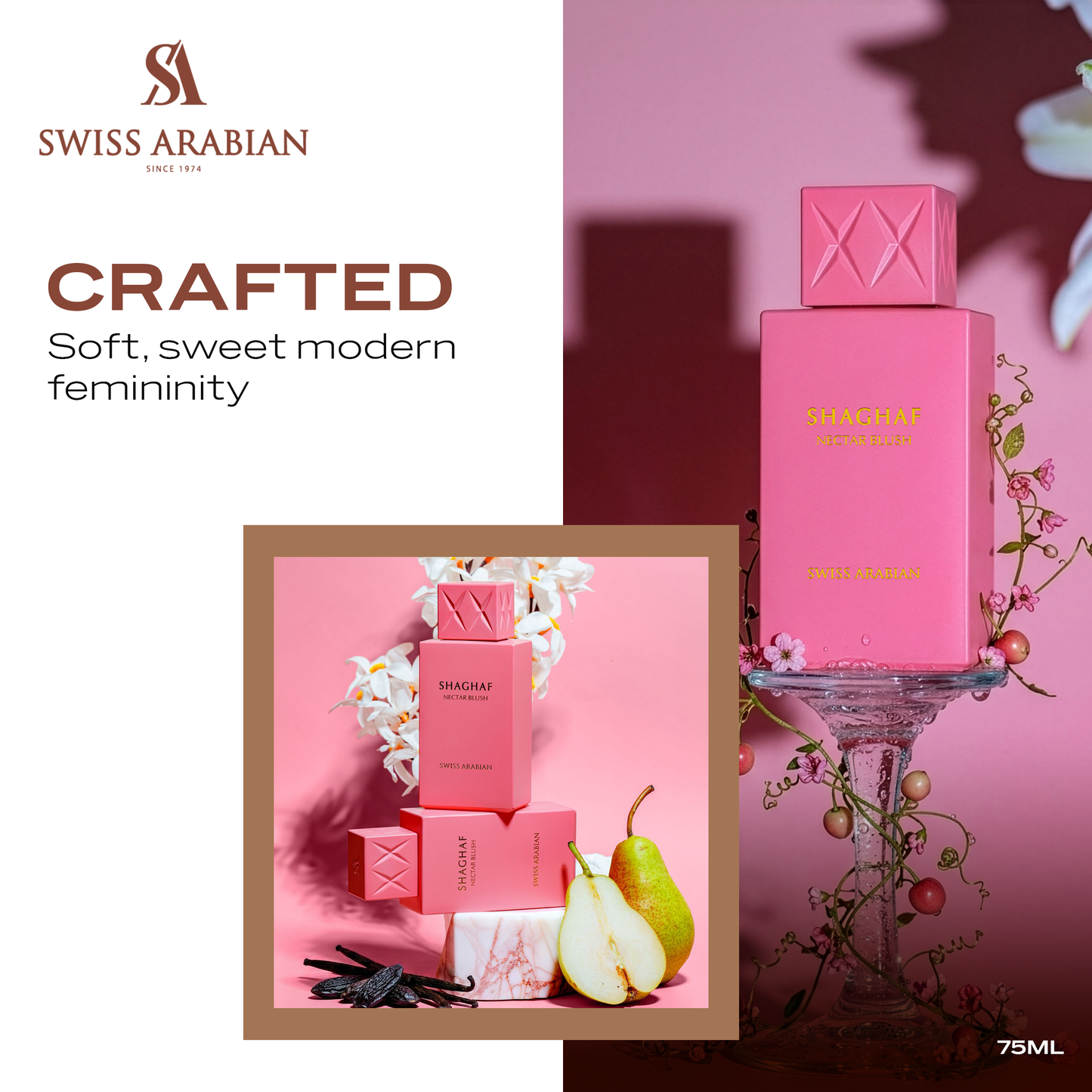 SWISS ARABIAN Nectar Blush Eau de Parfum Flasche mit pinkem Parfüm und eleganter Verpackung, luxuriöses Dufterlebnis