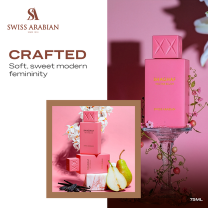 SWISS ARABIAN Nectar Blush Eau de Parfum Flasche mit pinkem Parfüm und eleganter Verpackung, luxuriöses Dufterlebnis