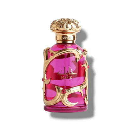 Lattafa Habik Eau de Parfum für Damen, elegantes Fläschchen mit blumigem Duft, stilvolle Verpackung, Parfümflasche auf weißem Hintergrund