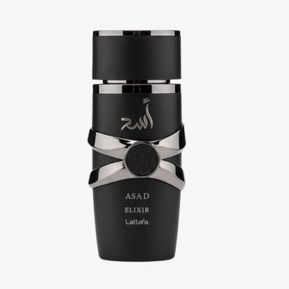Flasche des Lattafa Asad Elixir Parfüms mit elegantem Design, sichtbar auf der Produktabbildung.