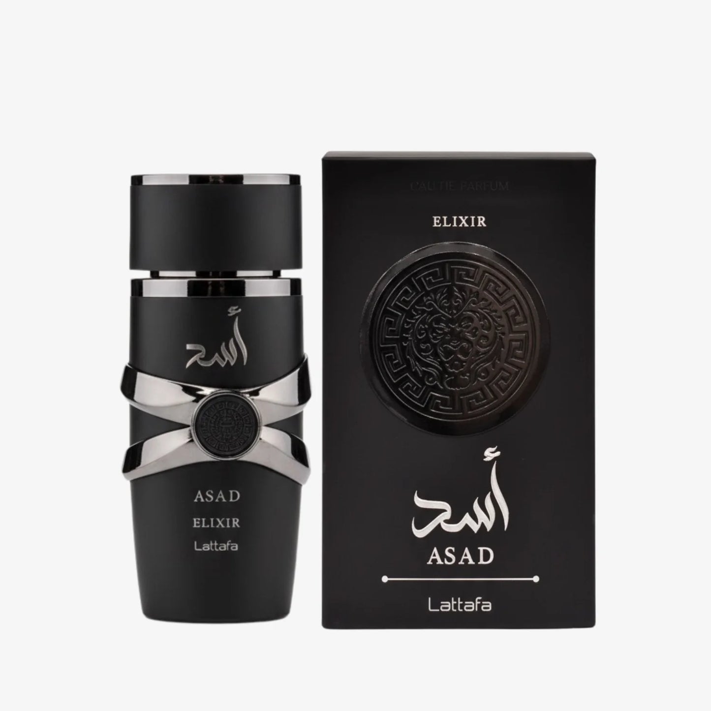 Flasche des Lattafa Asad Elixir Parfüms mit goldener Verpackung und eleganter Gestaltung.