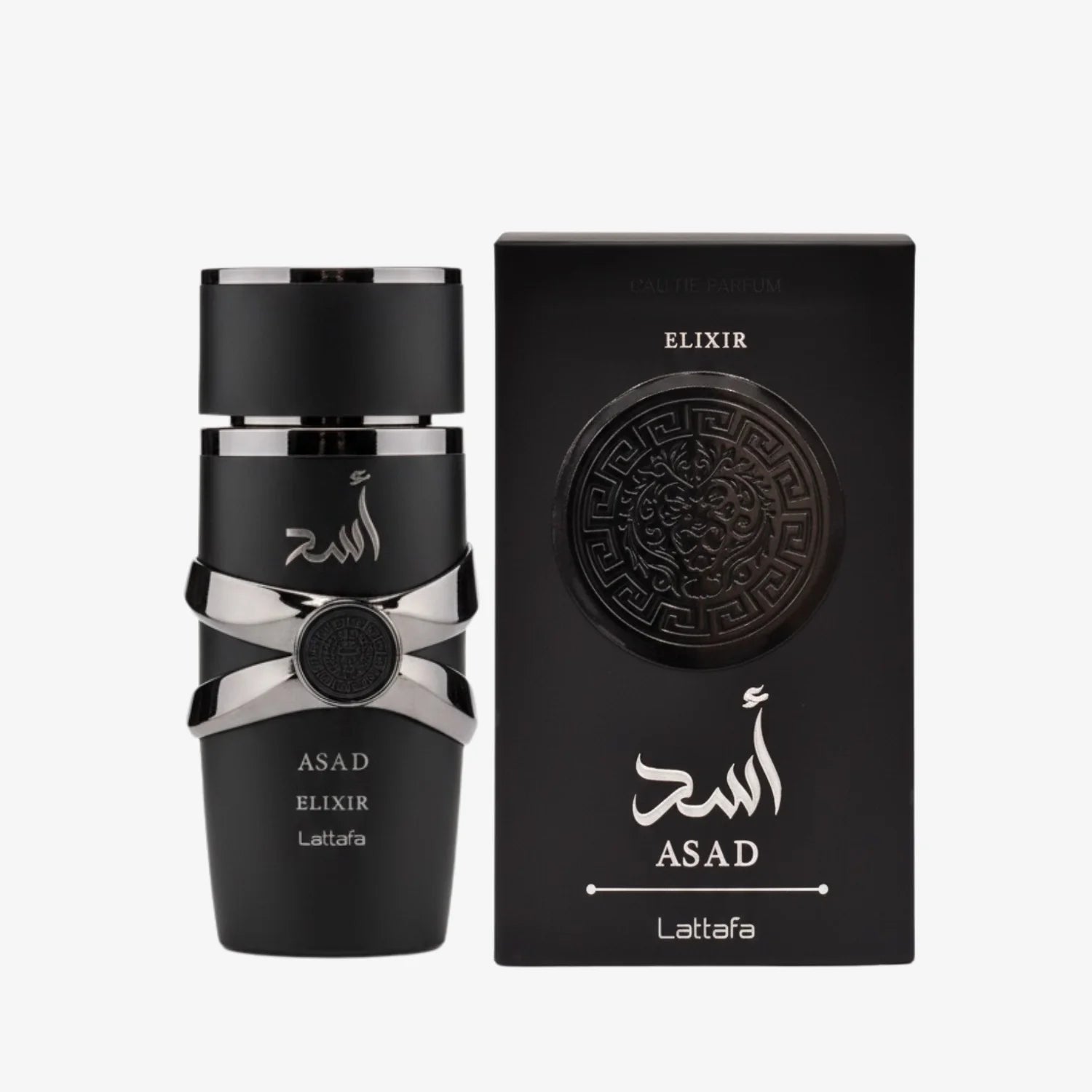 Flasche des Lattafa Asad Elixir Parfüms mit goldener Verpackung und eleganter Gestaltung.