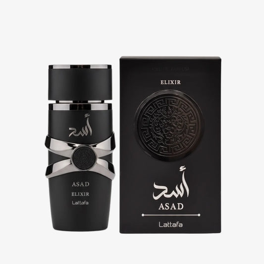 Flasche des Lattafa Asad Elixir Parfüms mit goldener Verpackung und eleganter Gestaltung.