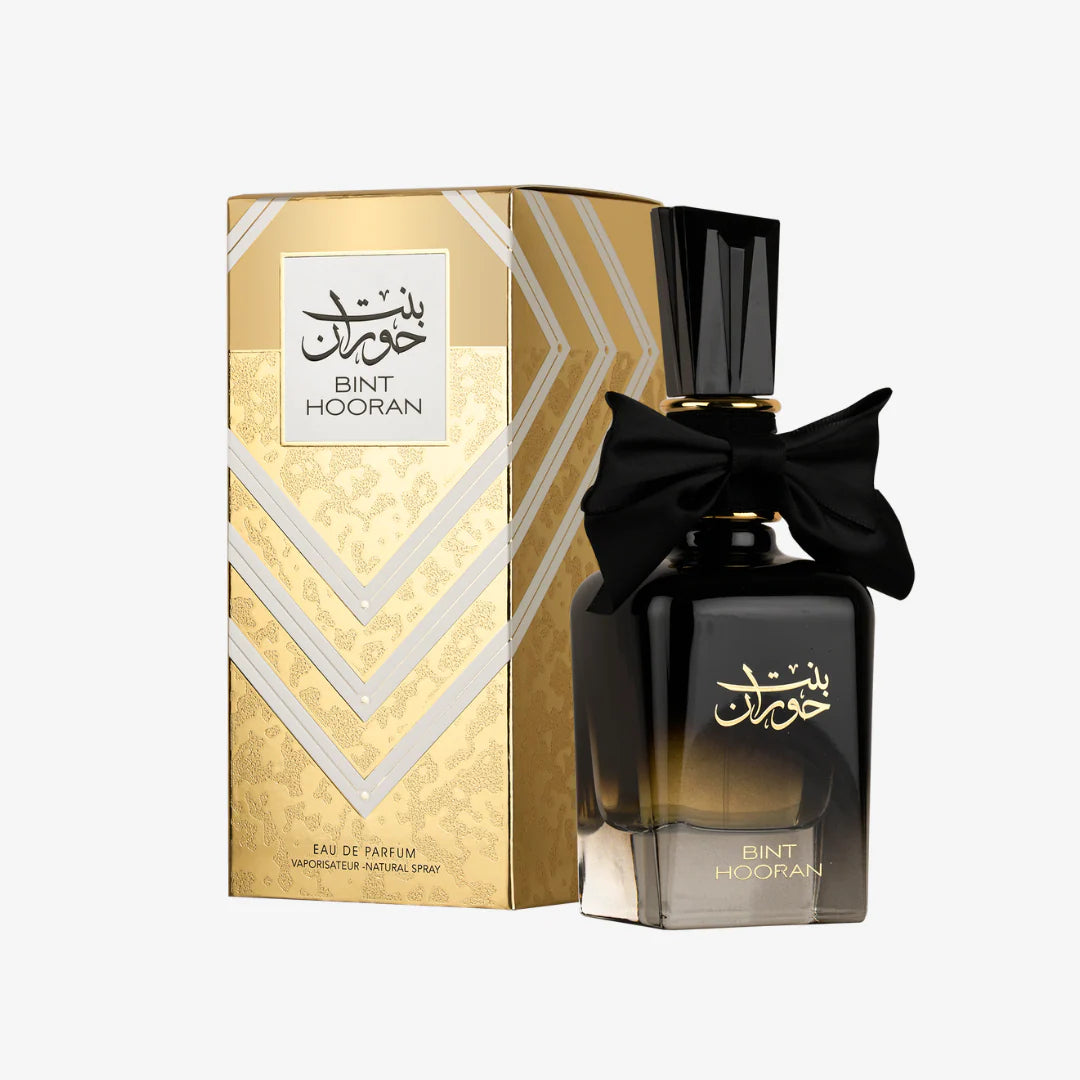 Flakon des Ard Al Zaafaran Bint Hooran Eau de Parfum mit eleganter Verpackung und arabischem Design, Parfümflasche im Detail sichtbar