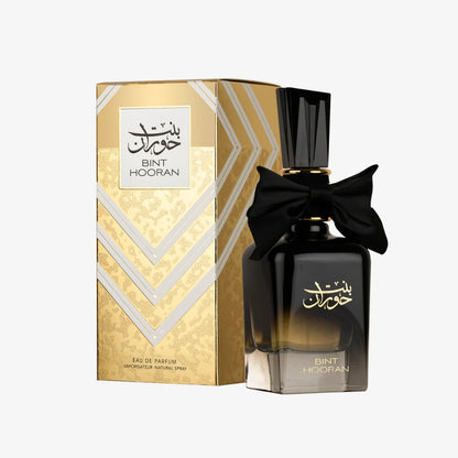 Flakon des Ard Al Zaafaran Bint Hooran Eau de Parfum mit eleganter Verpackung und arabischem Design, Parfümflasche im Detail sichtbar