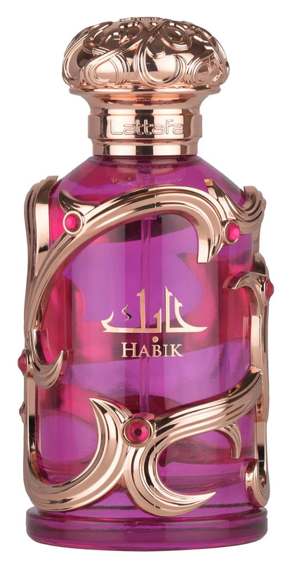 Lattafa Habik Eau de Parfum für Frauen in einer lila Flasche, elegantes Parfüm mit blumigen und frischen Duftnoten.