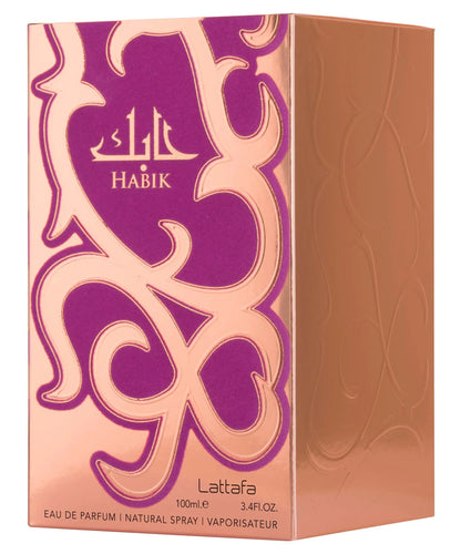 Lattafa Habik Eau de Parfum für Frauen, violette Verpackung, elegantes Parfüm in stilvoller Box sichtbar.