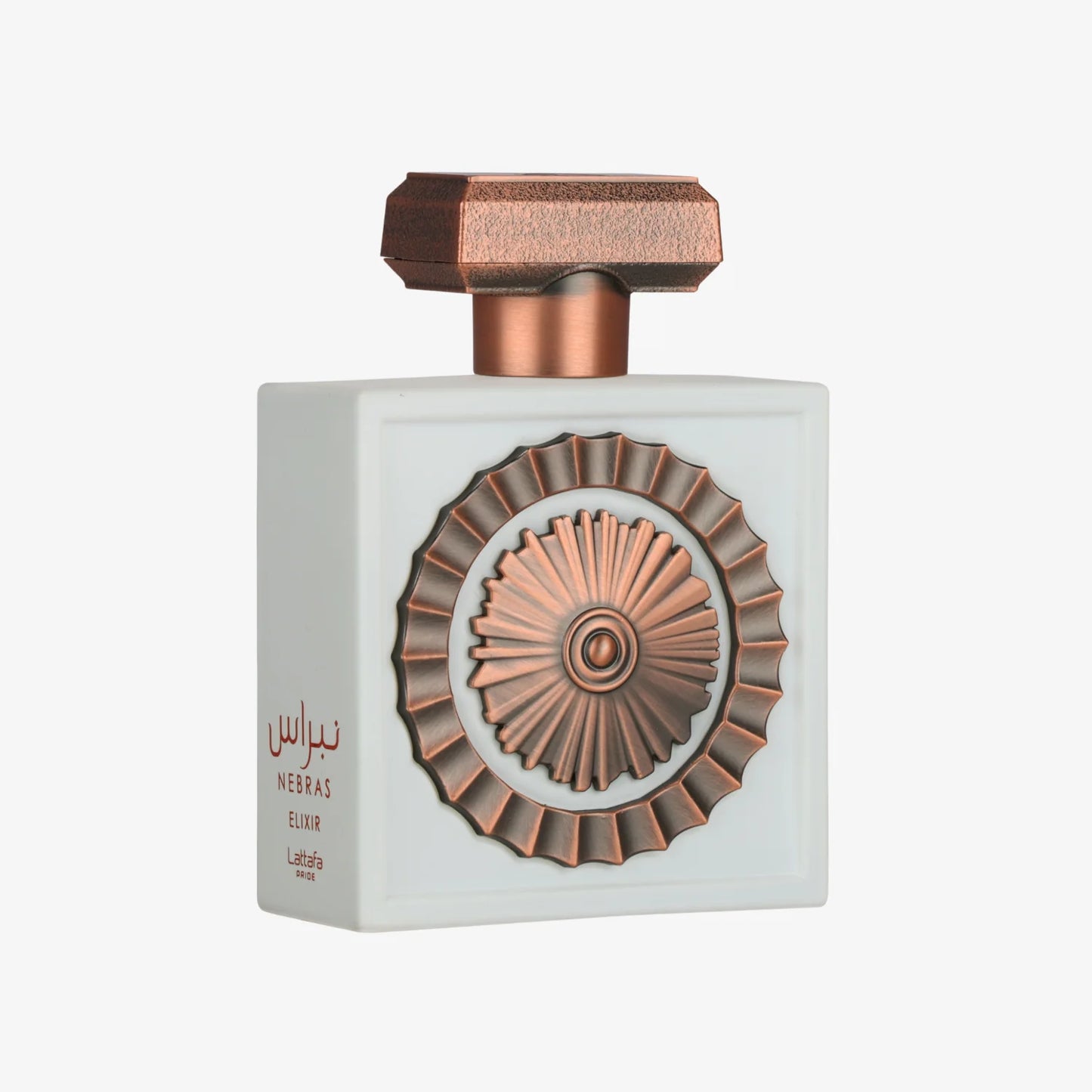 Duftrichtung Nebras Elixir von Lattafa Pride, Flasche mit goldener Kappe und eleganter Verpackung, Parfüm für Damen und Herren