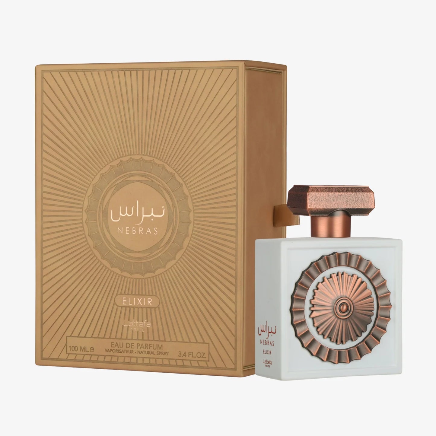 Lattafa Pride Nebras Elixir Flasche mit goldener Verpackung und eleganter Gestaltung, Parfüm-Duft, luxuriöses Design
