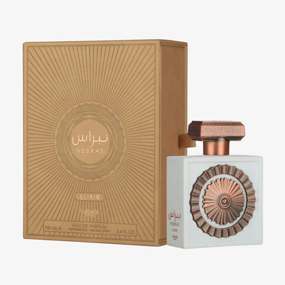 Lattafa Pride Nebras Elixir Flasche mit goldener Verpackung und eleganter Gestaltung, Parfüm-Duft, luxuriöses Design