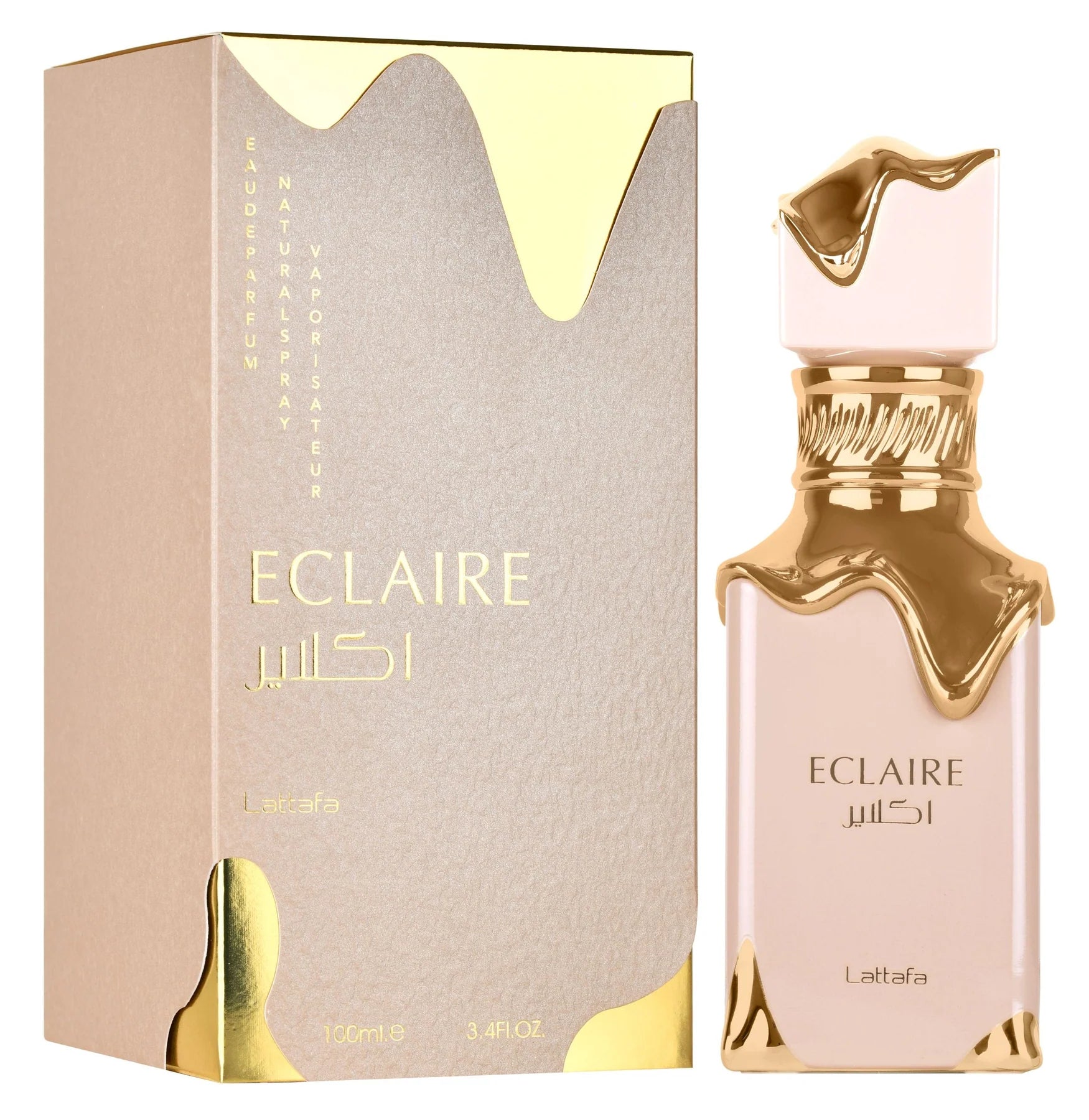 Lattafa Eclaire Eau de Parfum Flasche mit 100 ml, elegantes Design und floral-fruchtiger Duft, sichtbar auf der Produktverpackung