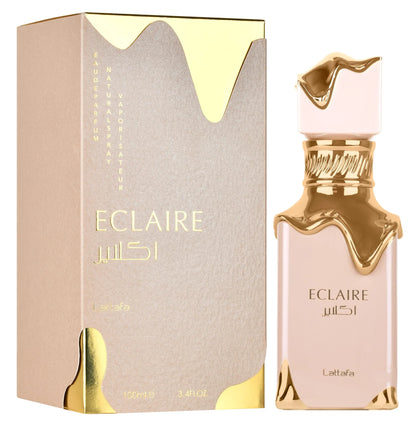 Lattafa Eclaire Eau de Parfum Flasche mit 100 ml, elegantes Design und floral-fruchtiger Duft, sichtbar auf der Produktverpackung