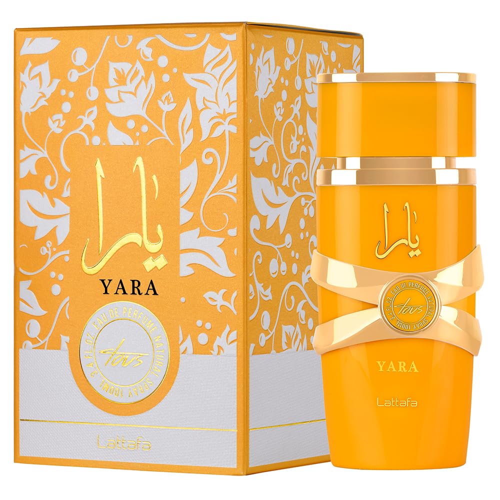 Lattafa Yara Tous Eau de Parfum Flasche mit floralem Design und 100ml Inhalt, elegant und hochwertig.