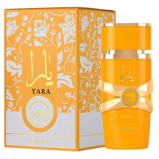 Lattafa Yara Tous Eau de Parfum Flasche mit floralem Design und 100ml Inhalt, elegant und hochwertig.