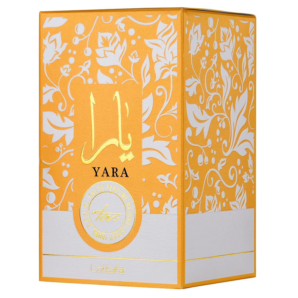 Lattafa Yara Tous Eau de Parfum Flasche in 100ml, elegantes Design, goldene Akzente, sichtbarer Duftspender, stilvolles Parfümfläschchen