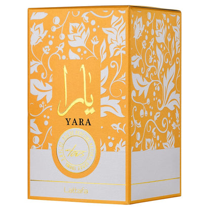 Lattafa Yara Tous Eau de Parfum Flasche in 100ml, elegantes Design, goldene Akzente, sichtbarer Duftspender, stilvolles Parfümfläschchen