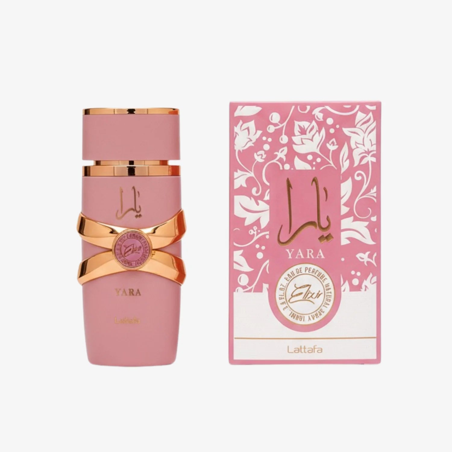 Flasche des Lattafa Yara Elixir Eau de Parfum mit eleganter Verpackung, zeigt den Duft in einer stilvollen Parfümflasche