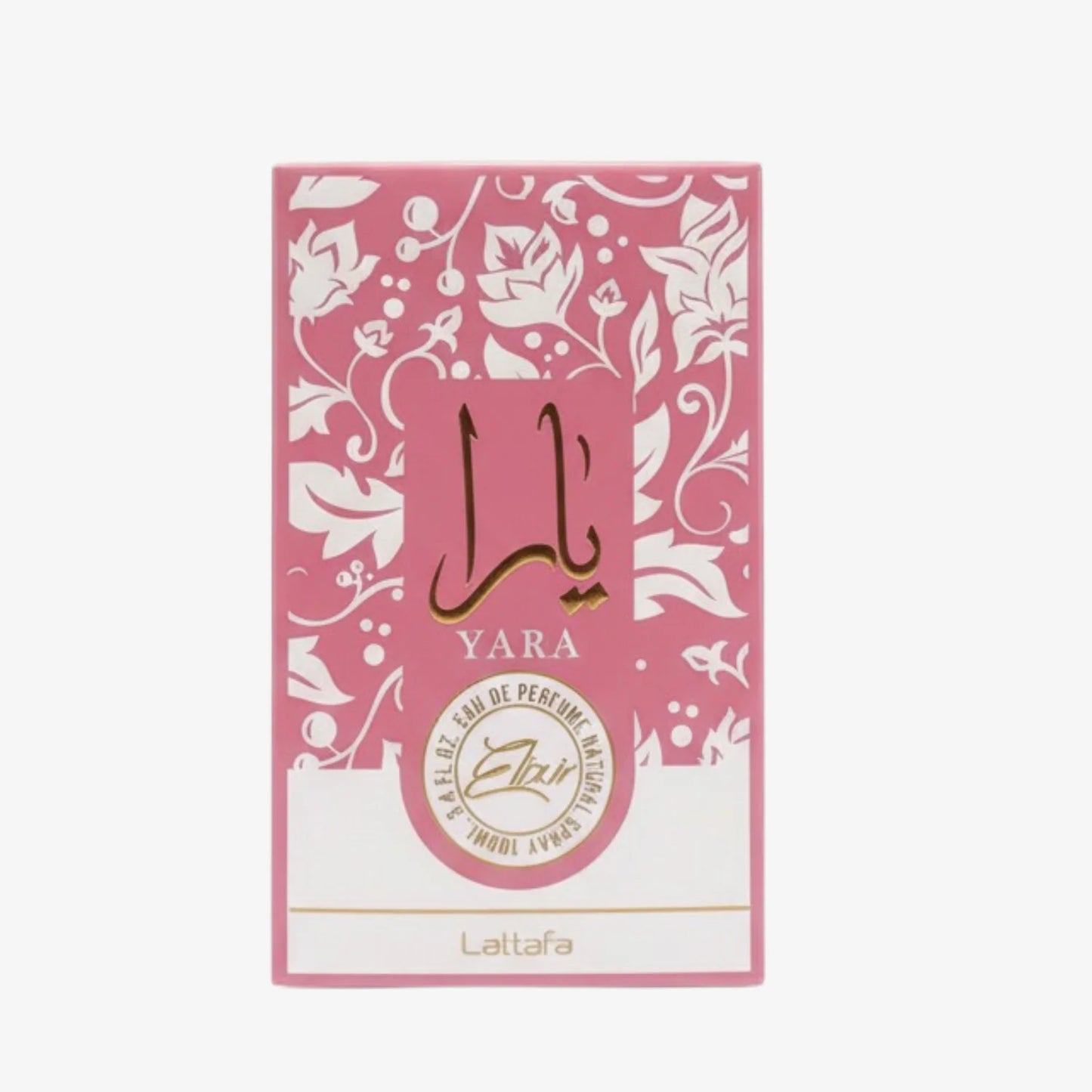 Lattafa Yara Elixir Eau de Parfum in eleganter Verpackung, floral und fruchtig, für Damen und Herren, mit goldener Flasche.