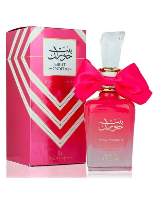 Ard Al Zaafaran Bint Hooran Rose Passion Eau de Parfum in 100ml Flasche mit rotem Rosenmuster, floral und elegant.