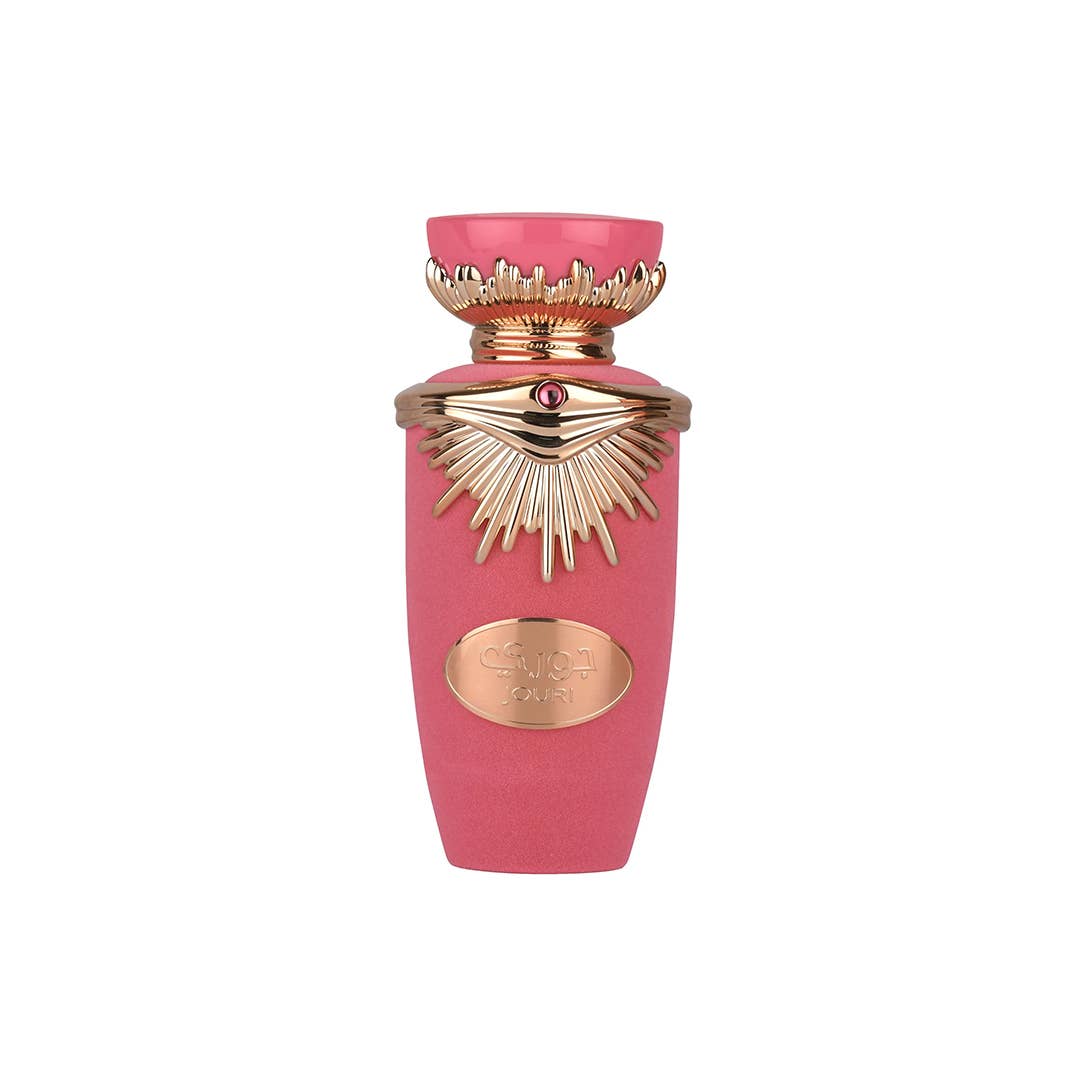 Lattafa Jouri Eau de Parfum Flasche mit goldener Kappe und eleganter Verpackung, Parfüm mit blumigen und orientalischen Noten.