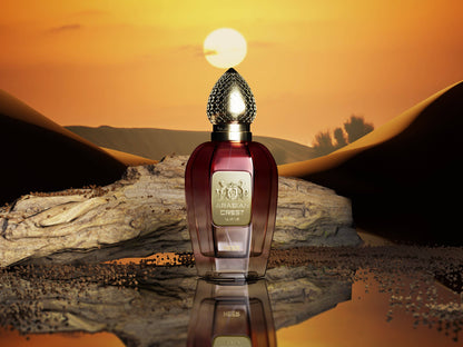 Arabian Crest Dubai Heer Eau de Parfum Flasche mit eleganter Gestaltung, zeigt das Parfüm in einem stilvollen Glasbehälter