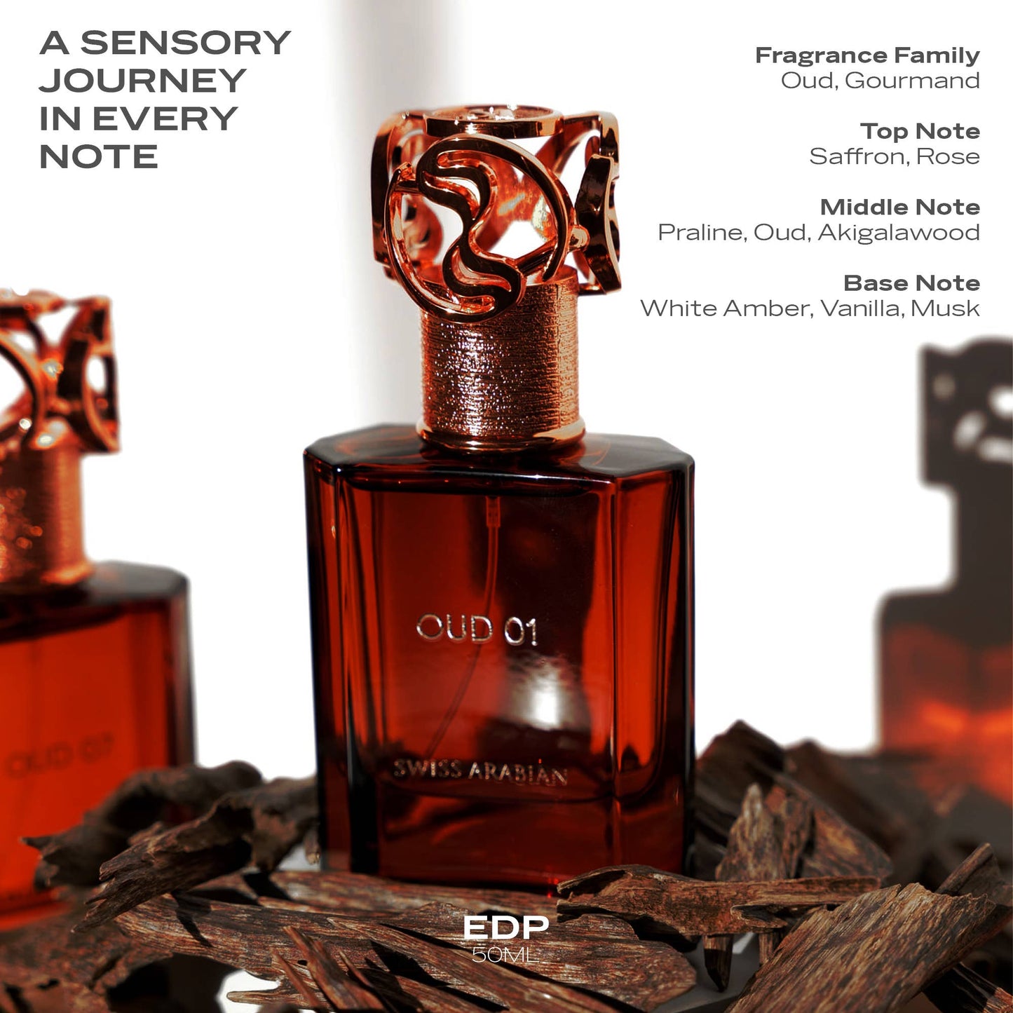 SWISS ARABIAN Oud 01 Eau de Parfum Flasche mit goldener Verpackung und eleganten Design auf weißem Hintergrund
