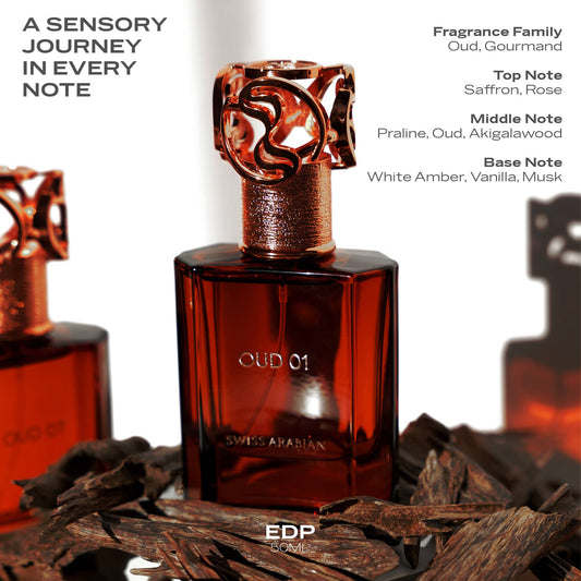 SWISS ARABIAN Oud 01 Eau de Parfum Flasche mit goldener Verpackung und schwarzem Verschluss, luxuriöser Duft, elegante Verpackung