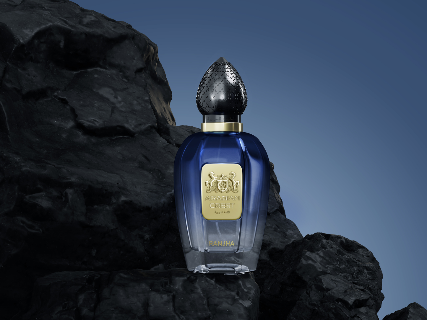 Arabian Crest Dubai Ranjha Eau de Parfum Flasche mit goldener Verpackung und eleganten Design details, Parfüm für Männer und Frauen