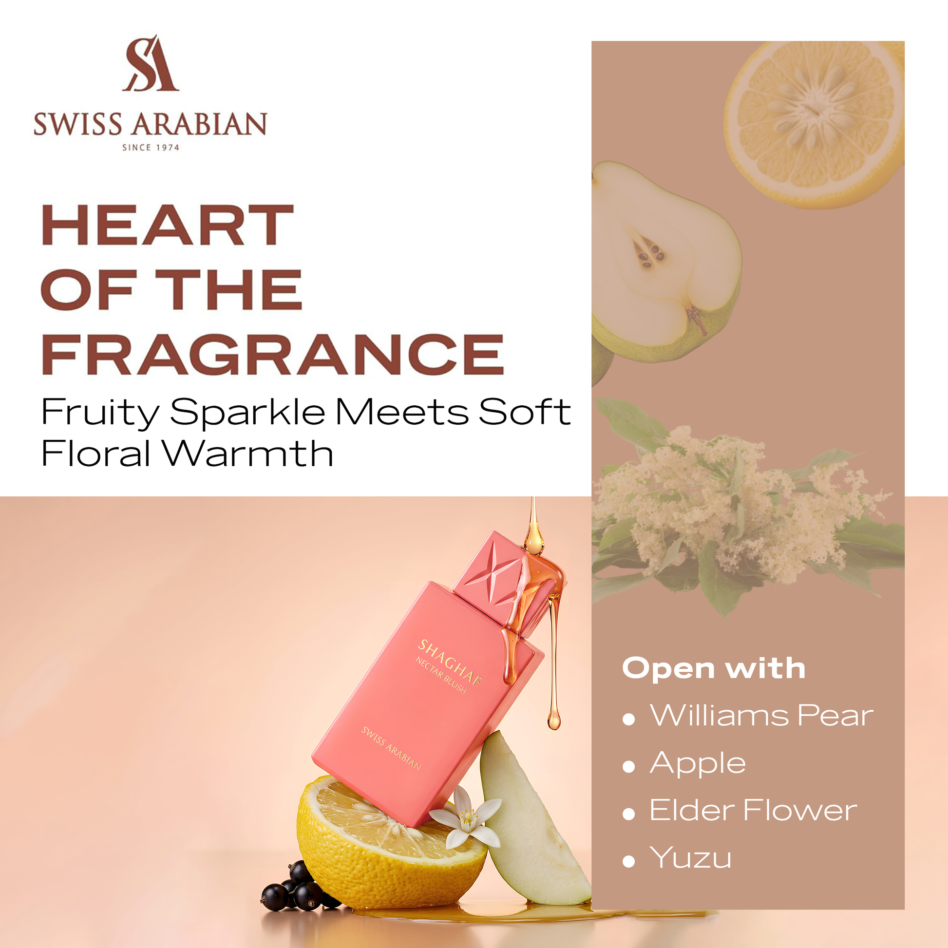 SWISS ARABIAN Nectar Blush Eau de Parfum Flasche mit blassrosa Flüssigkeit und eleganter Verpackung, Parfüm für Damen