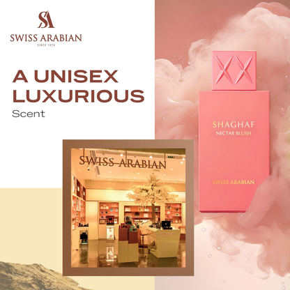 SWISS ARABIAN Nectar Blush Eau de Parfum Flasche mit rosa und goldenen Details, elegantes Design, Parfüm für Damen