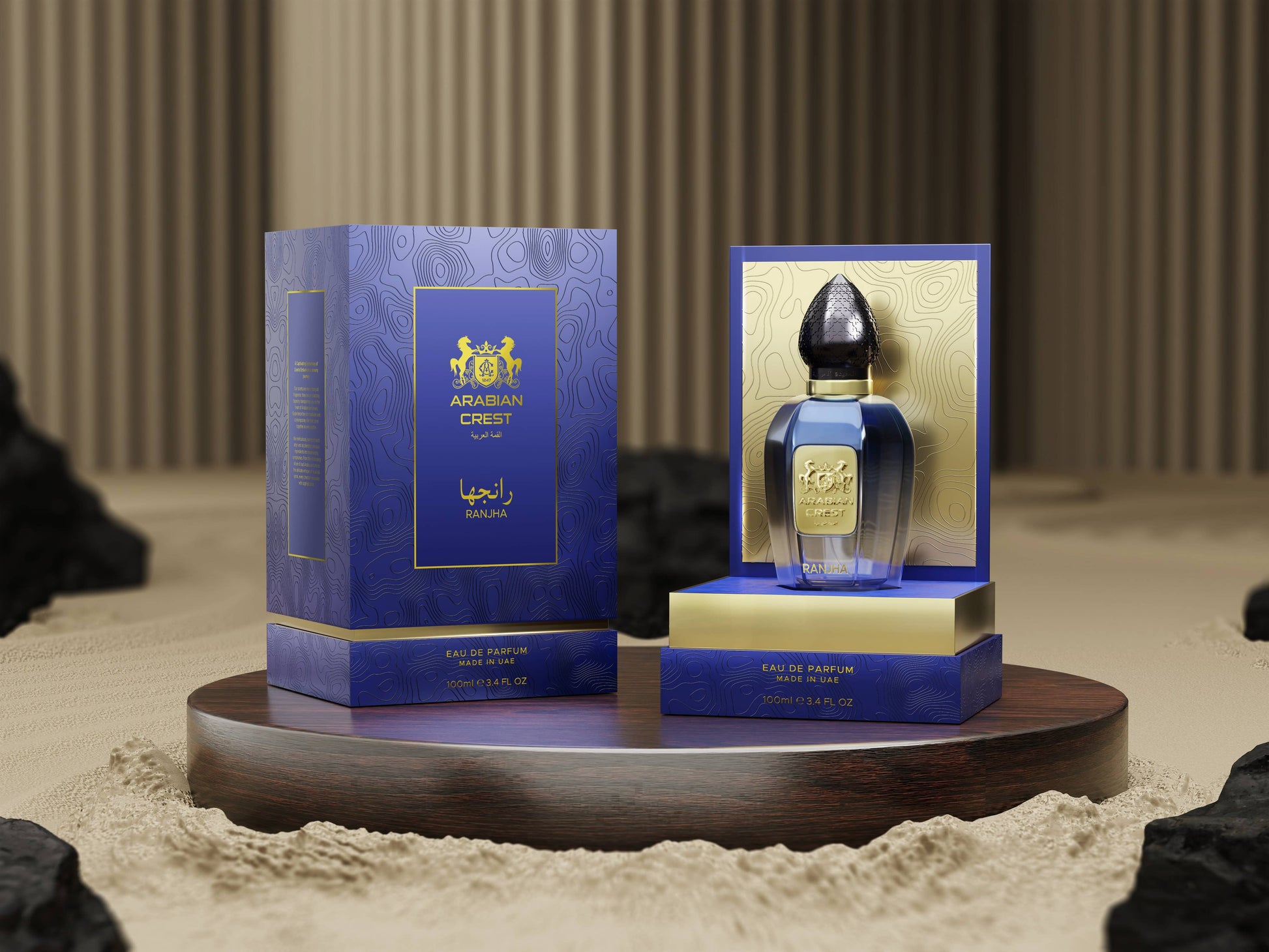 Arabian Crest Dubai Ranjha Eau de Parfum Flasche mit orientalischem Design, goldene Verpackung, luxuriöser Duft